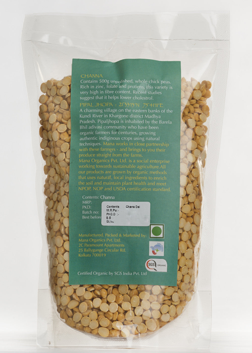 Organic Chana Dal (Split Bengal Gram), Mana Organics (500gm)