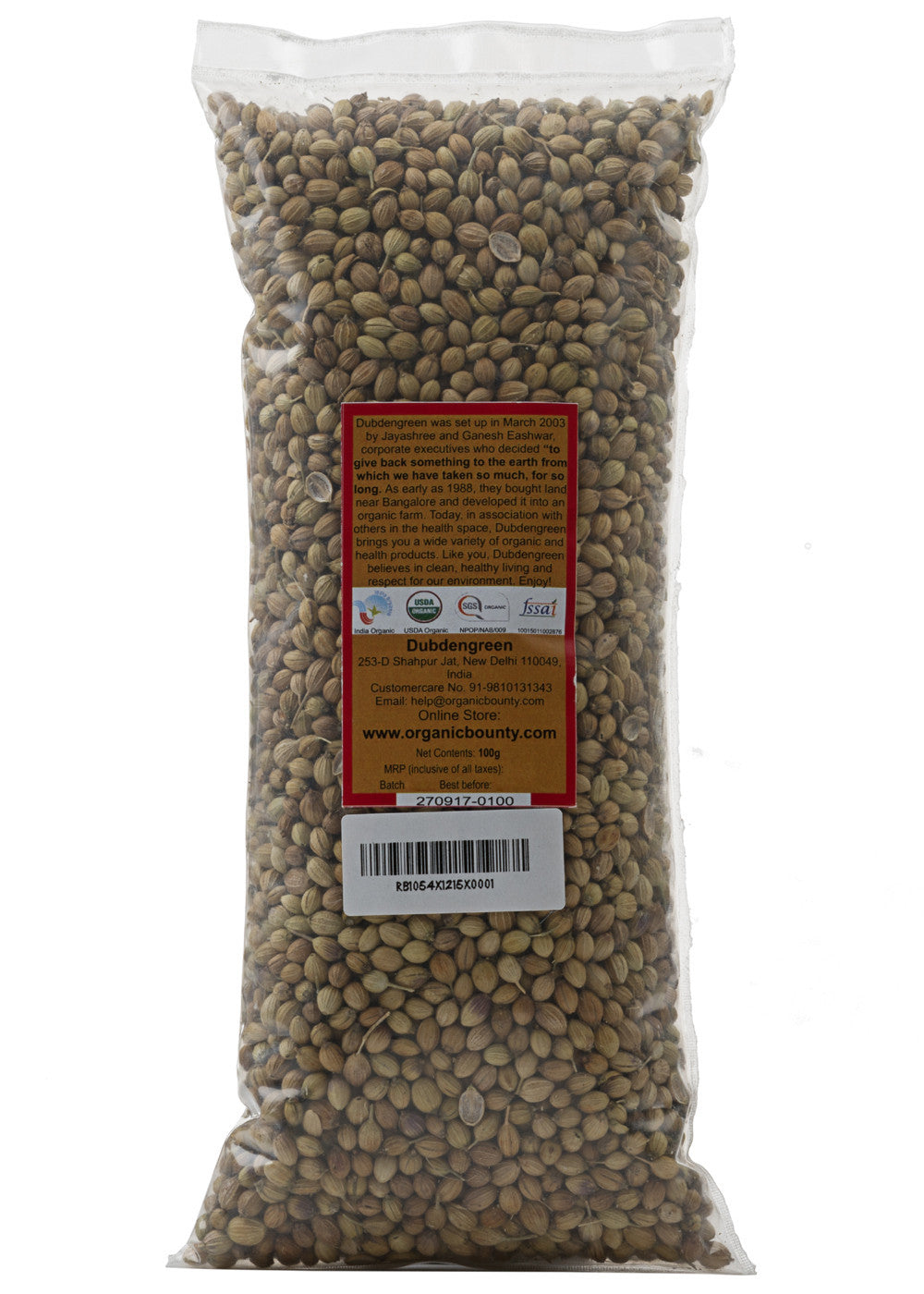 Organic Dhania Whole (Coriander), Dubdengreen (100gm)