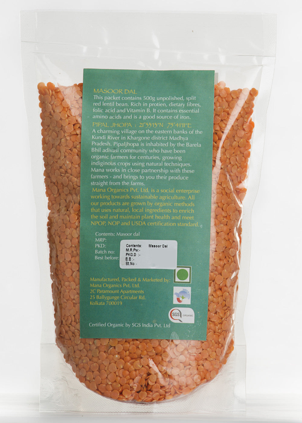 Organic Masoor Dal (Split Pink Lentil Without Skin), Mana Organics (500gm)