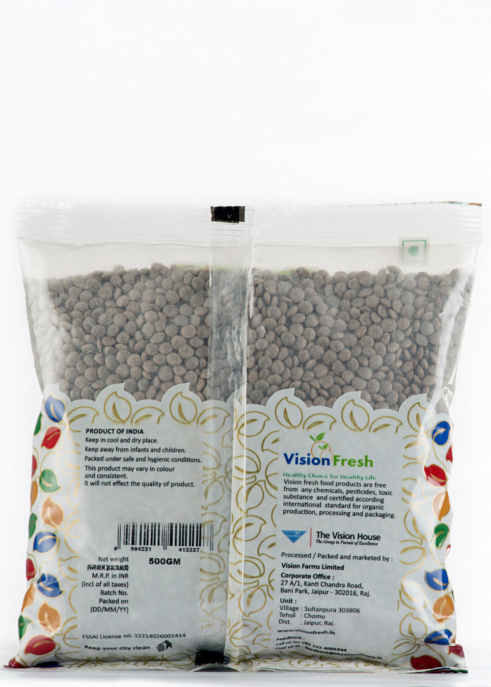 Organic Masoor Whole (Pink Lentil with Skin), Vision Fresh (500gm)