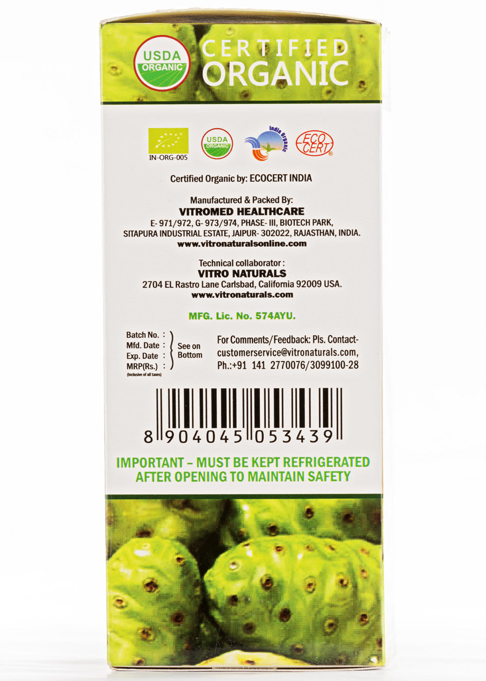 Organic Noni Juice, Vitro Naturals (500ml)