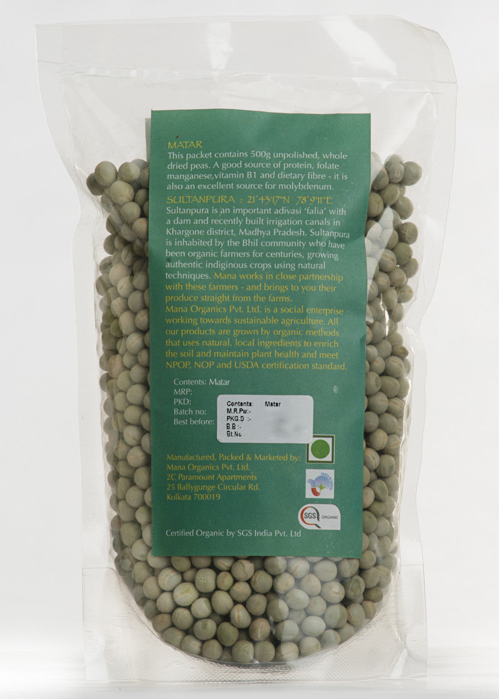Organic Sukhi Hari Matar (Dried Green Pea), Mana Organics (500gm)